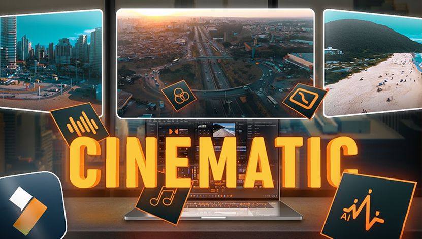 A dramatic, cinematic shot of a person against a scenic background